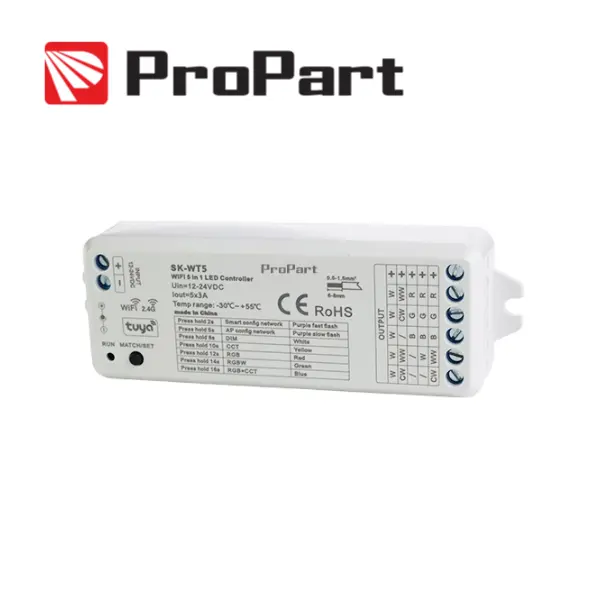 Controller LED Wi-Fi e RF, 5 Canali, RGB+CCT, 12–24V DC, 5×3A, 2.4GHz